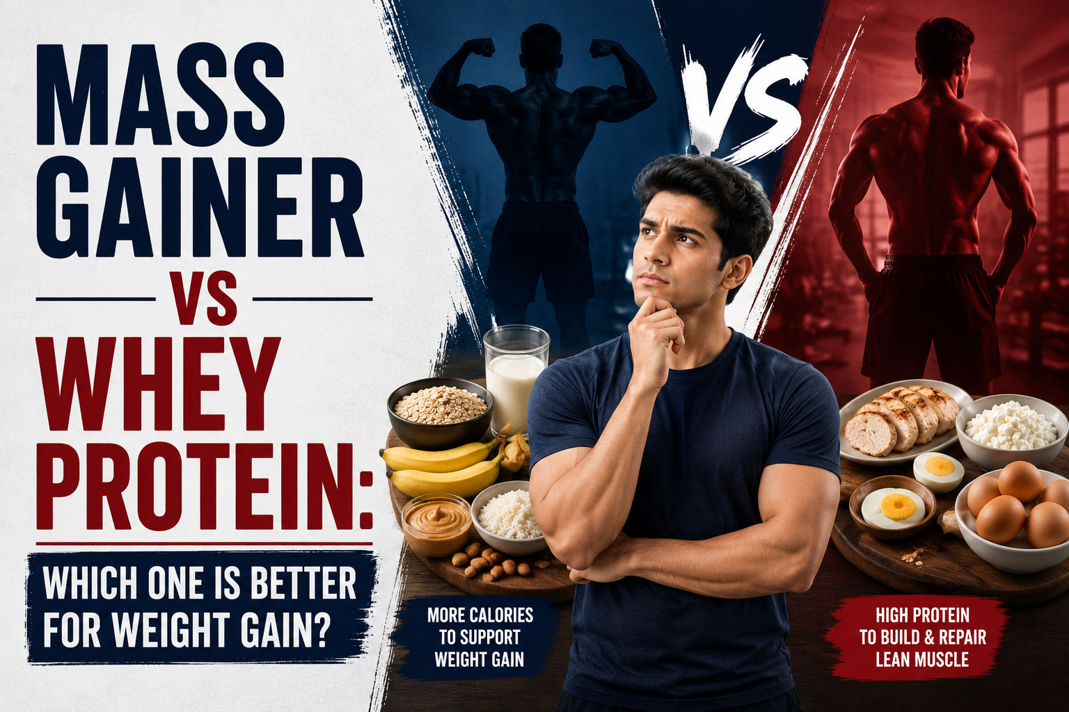 Compare mass gainer vs whey protein for weight gain. Learn which supplement is best for skinny beginners, hard gainers, and muscle growth based on your fitness goals.