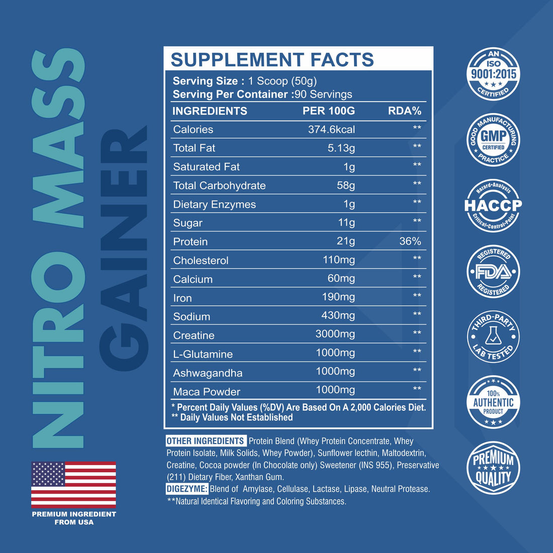 Nitro Mass Gainer | 3G Ashwagandha | 1G Macca | 3G Creatine | with Shaker