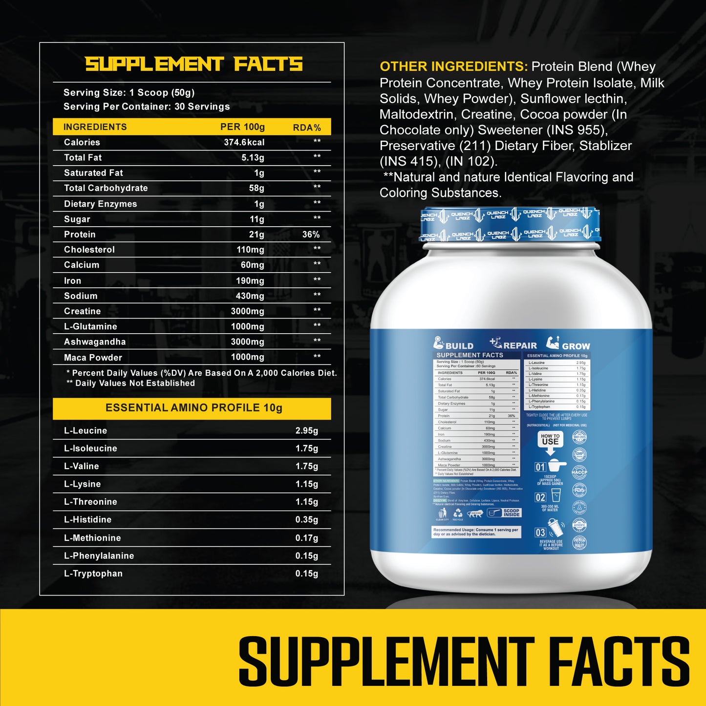 Nitro Mass Gainer | 3G Ashwagandha | 1G Macca | 3G Creatine | with Shaker