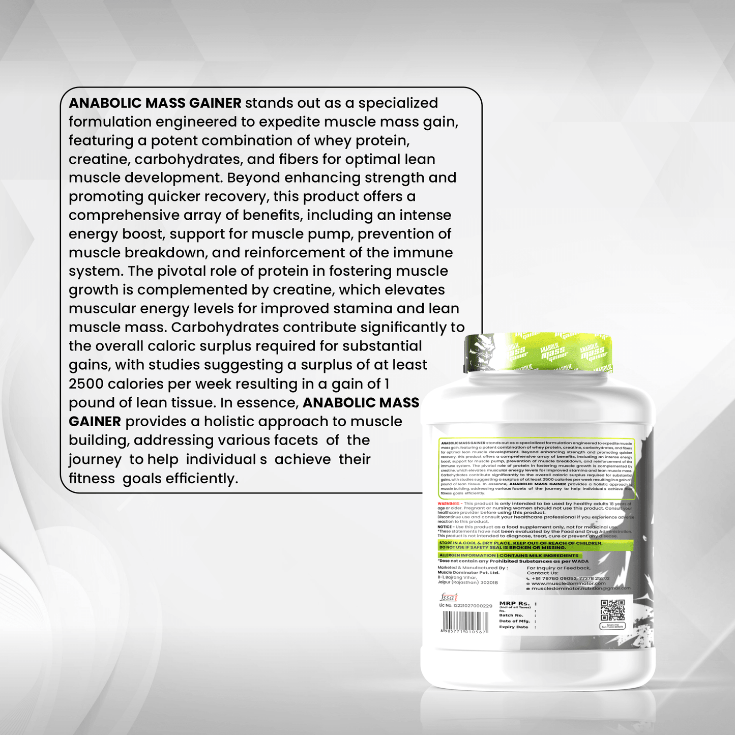 MD Anabolic Mass Gainer | 50g Protein | 3g Creatine | 2g L-Argnine | 1154kcal Energy