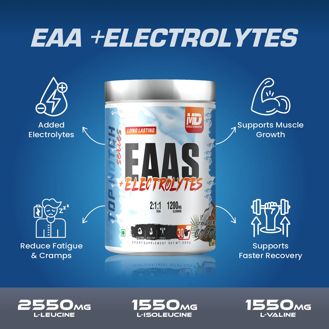 MD Long Lasting EAA + Electrolytes | 2:1:1 BCAA | 1.2g Glutamine | 30 Serving