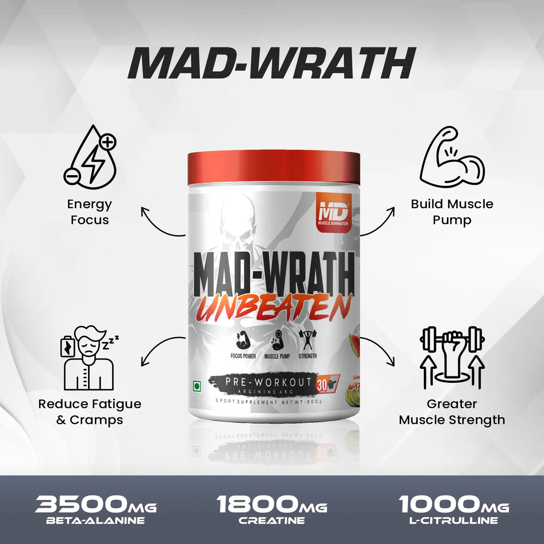 MD Mad-Wrath Unbeaten Pre-Workout | 3.5g Beta-Alanine | 2g L-Citrulline | 30 Serving