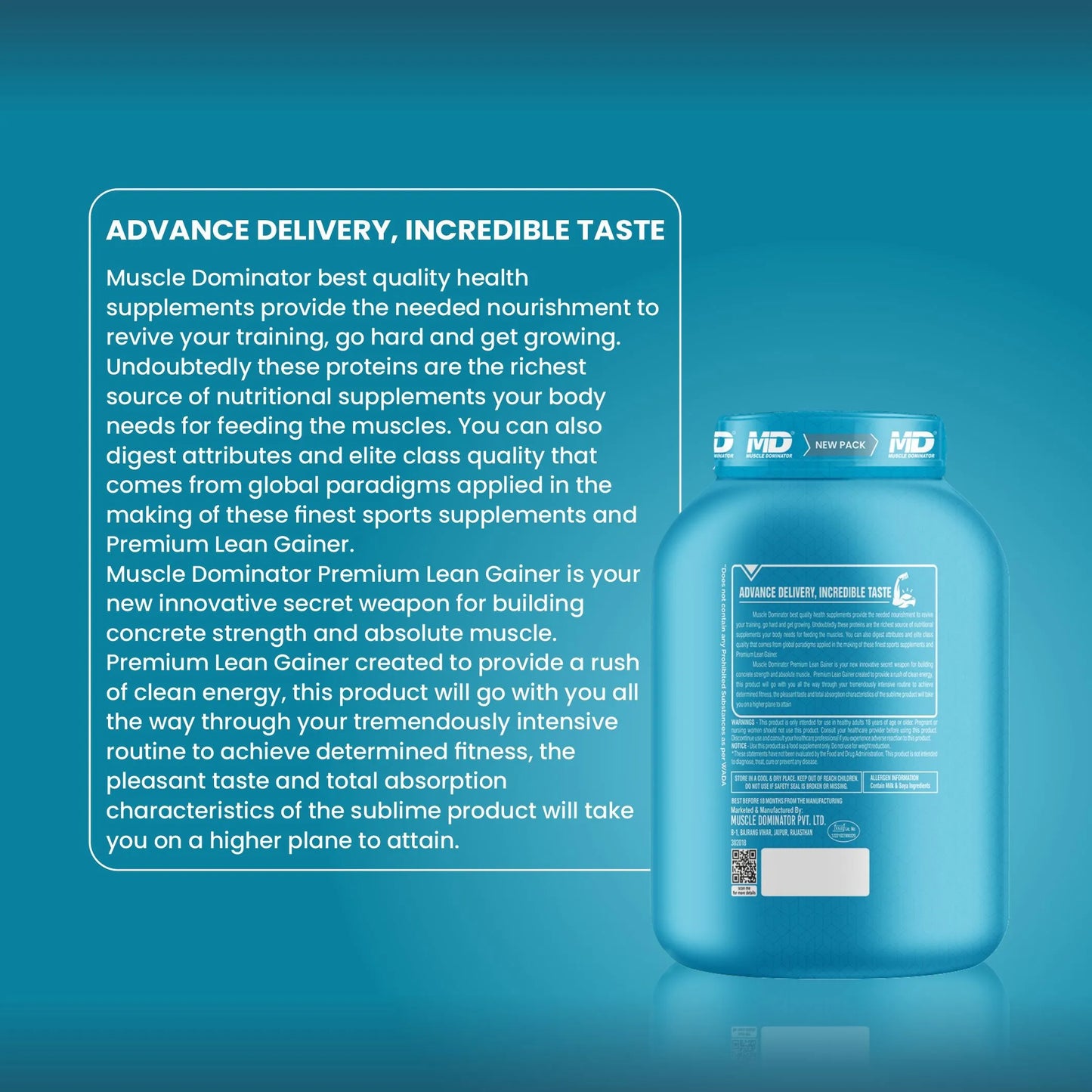 مكمل غذائي ممتاز لزيادة الوزن من إم دي | 65 غ بروتين | 3 غ كرياتين