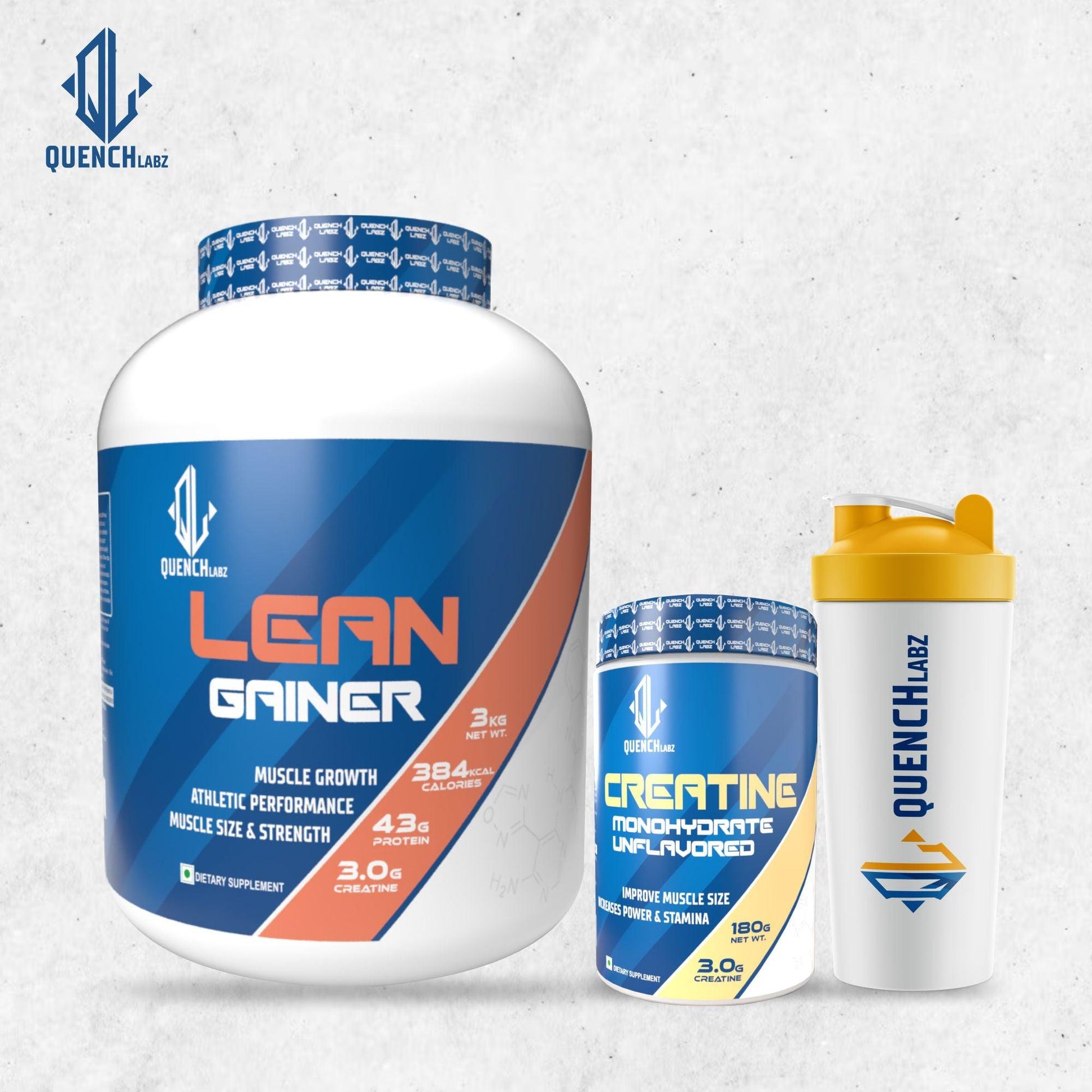 Lean Gainer 3 Kg + Creatine Monohydrate + Shaker 700 ml - Quenchlabz