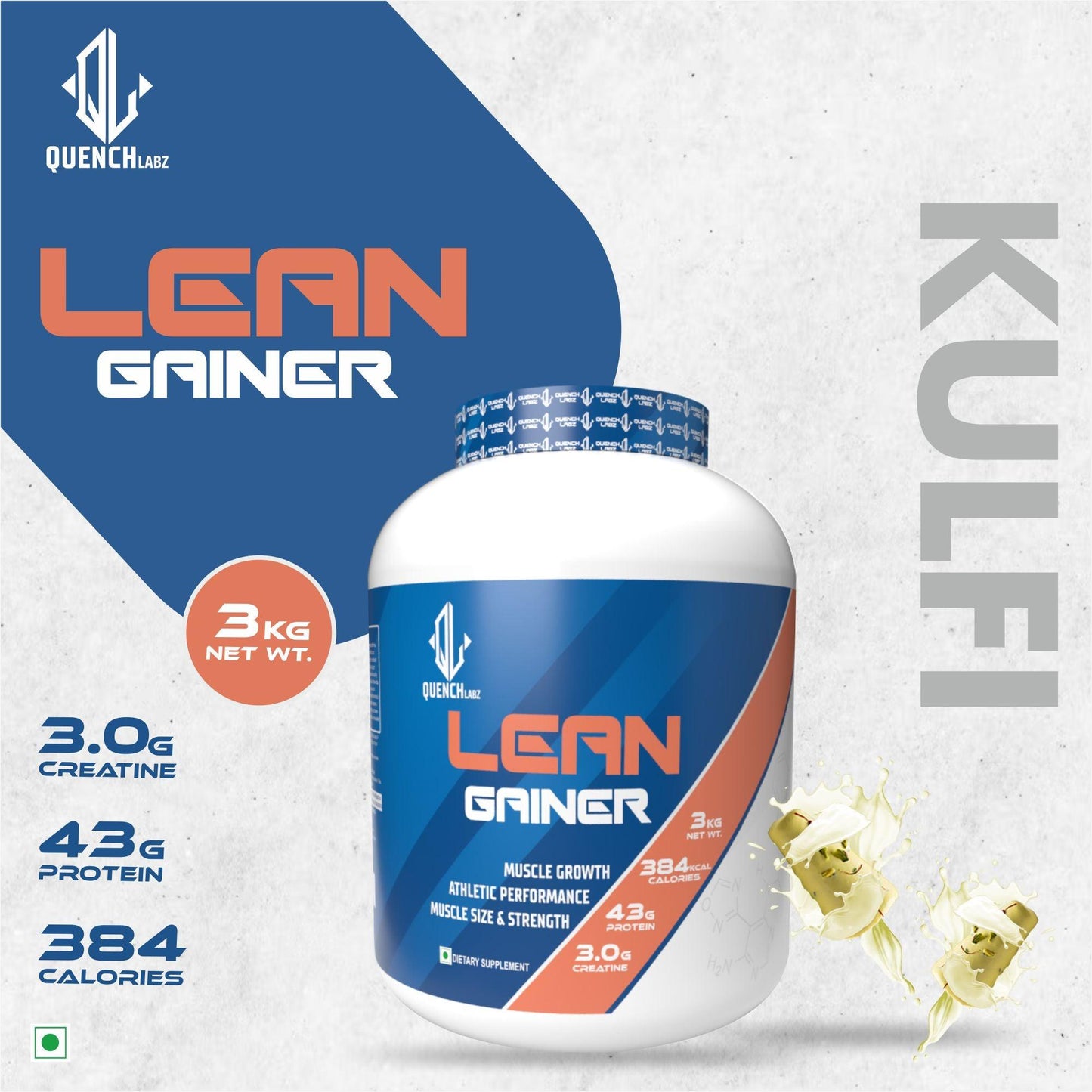 Lean Gainer 3 Kg + Creatine Monohydrate + Shaker 700 ml - Quenchlabz