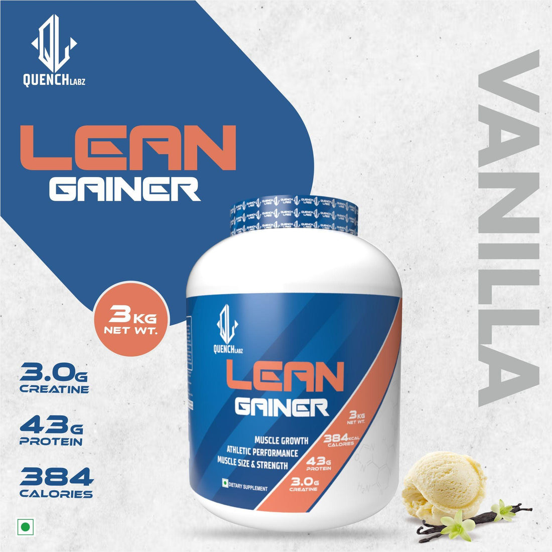 Lean Gainer 3 Kg + Creatine Monohydrate + Shaker 700 ml - Quenchlabz