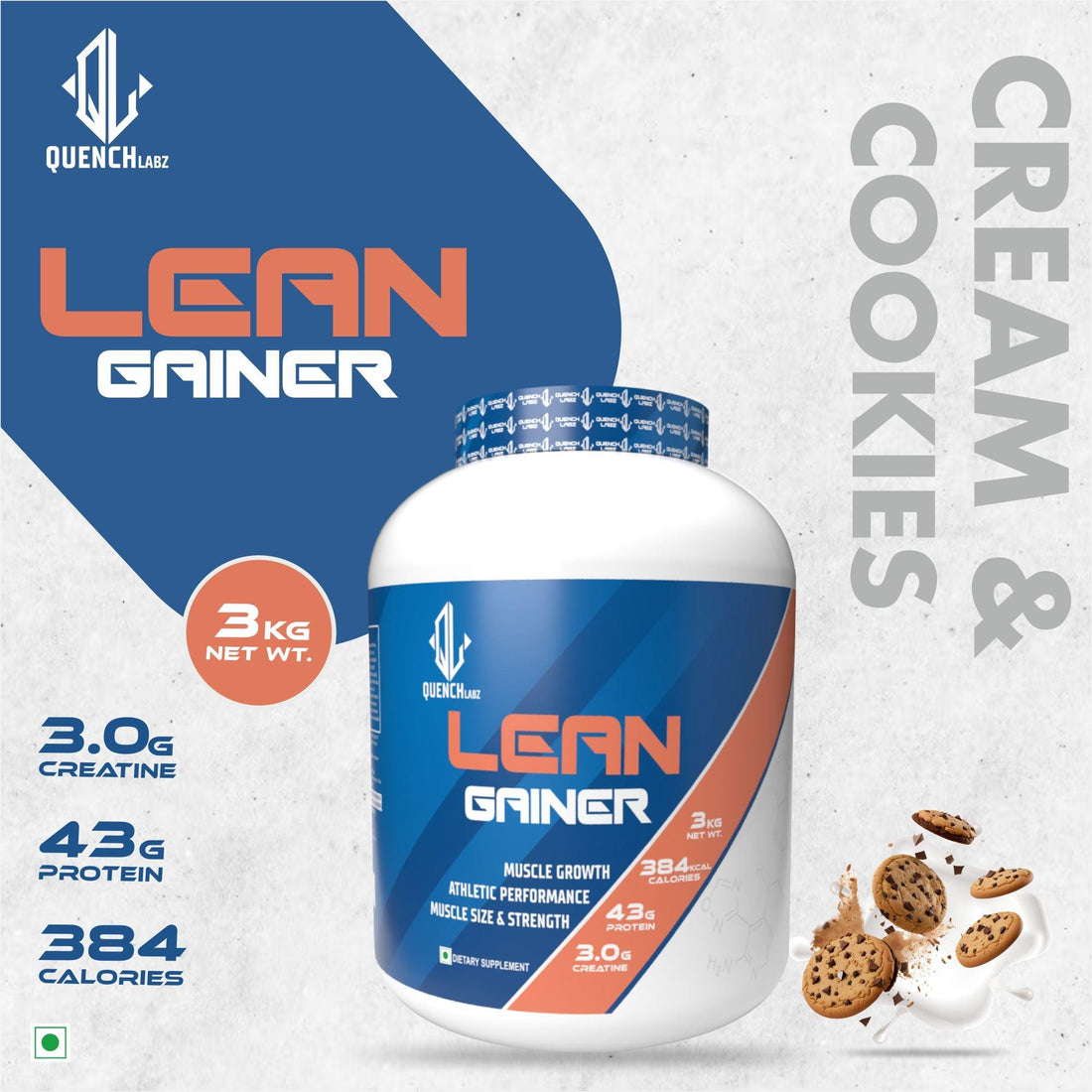 Lean Gainer 3 Kg + Creatine Monohydrate + Shaker 700 ml - Quenchlabz