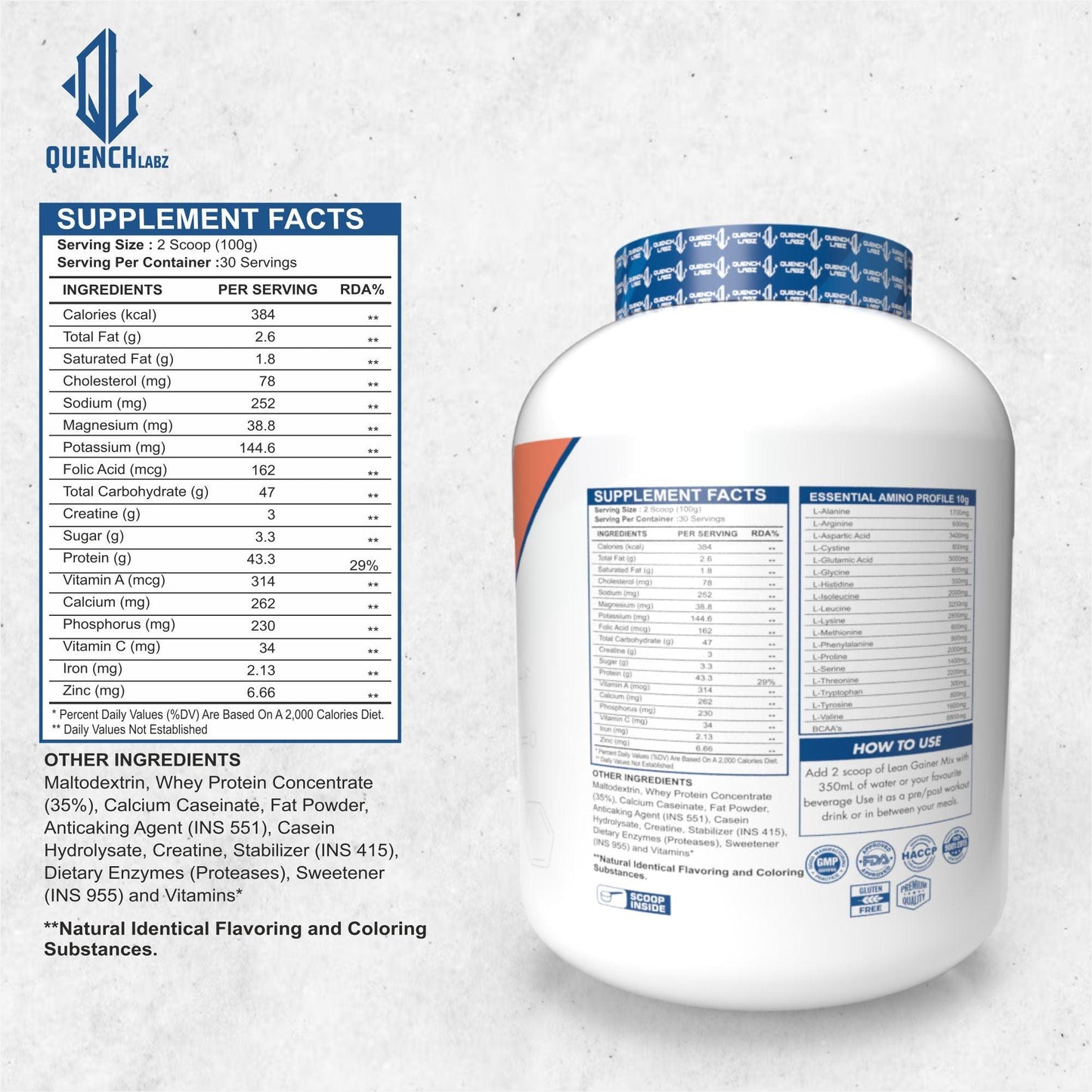 Lean Gainer 3 Kg + Creatine Monohydrate + Shaker 700 ml - Quenchlabz