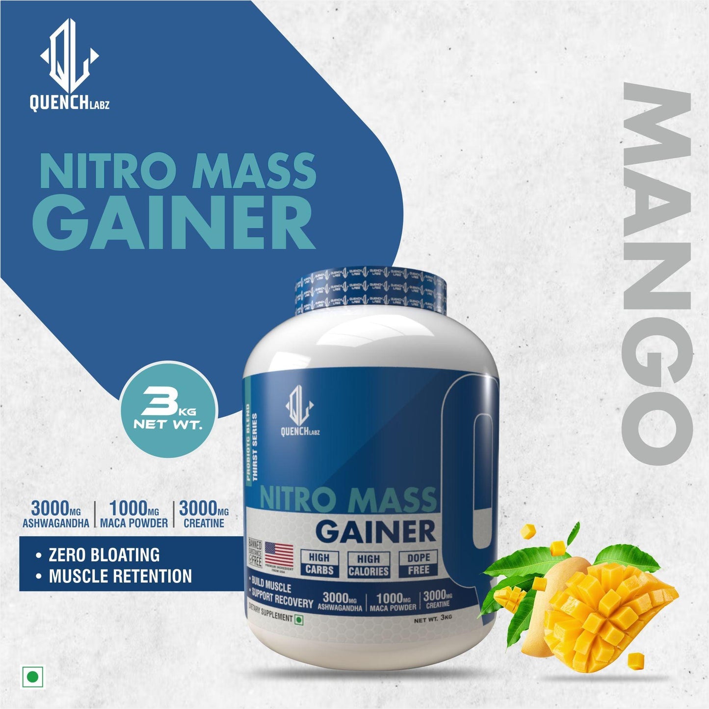 Nitro Mass Gainer | 3G Ashwagandha | 1G Macca | 3G Creatine - Quenchlabz